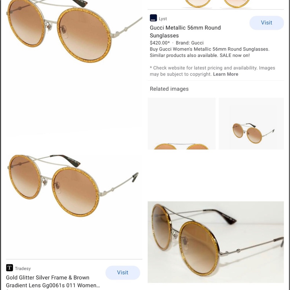 GUCCI UNISEX GOLD GLITTER ROUND SUNGLASSES, 2024 FASHION STATEMENT IS ROUND - Picture 13 of 16